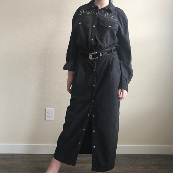 Vtg 80s Dress Denim Jeans Dark Grey - Picture 2 of 8